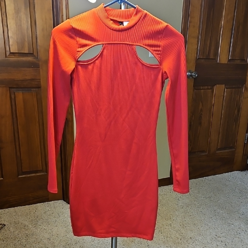 Red Cut-Out Long Sleeve Dress
